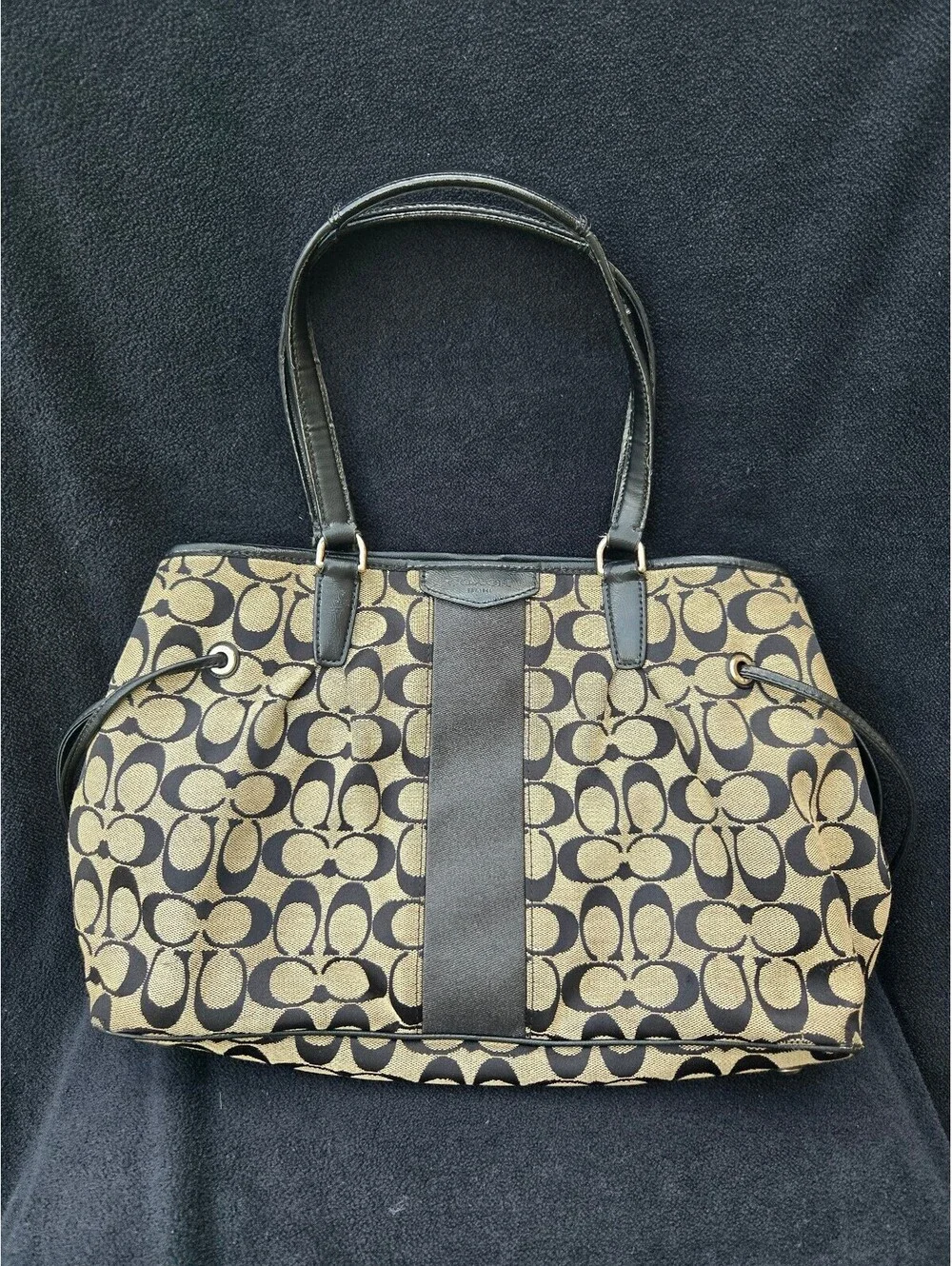 Coach F28501 Signature Tote Bag Khaki Black Canvas Leather Shoulder Purse